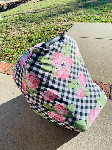 3 in 1 Checkered Roses Nursing Cover / Shopping Cart Cover/ Car Seat Cover