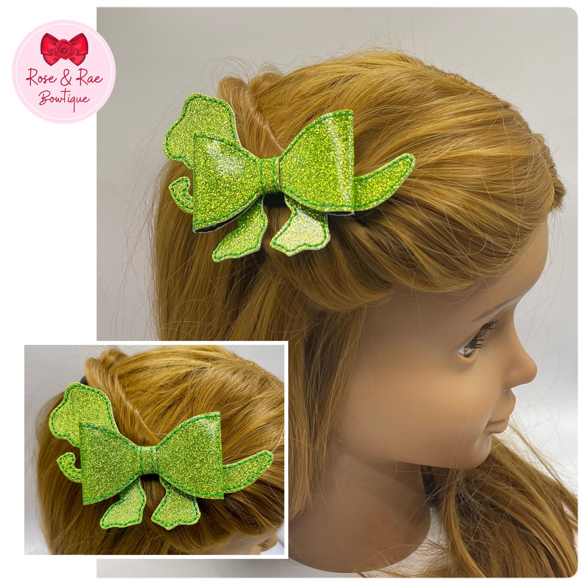Green Dino Embroidered Leather Bow on Clip
